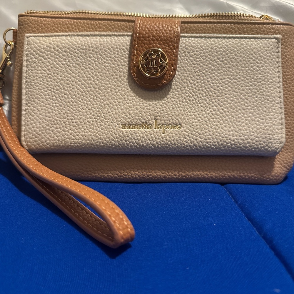 Nanette Lepore Tan and Cream Wristlet Clutch with Gold Logo